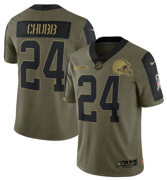 Men's Cleveland Browns #24 Nick Chubb 2021 Olive Salute To Service Limited Stitched Jersey